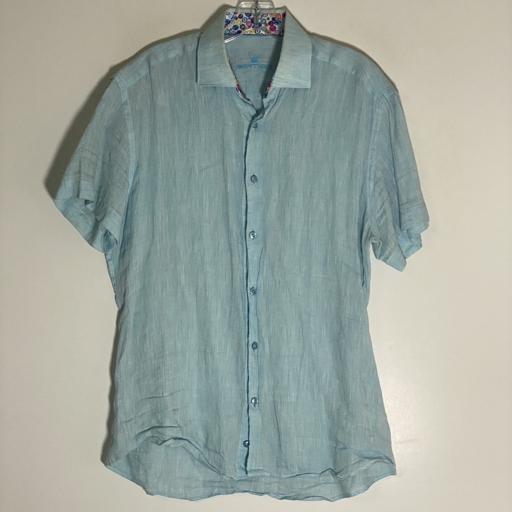BERTIGO Shirt Mens Medium Blue 100% Linen Casual Beach Cruise Vacation Airy Cool